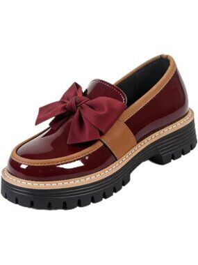Women's Wine Red Round Toe Slip On Thick Sole Business Casual Chunky Loafer